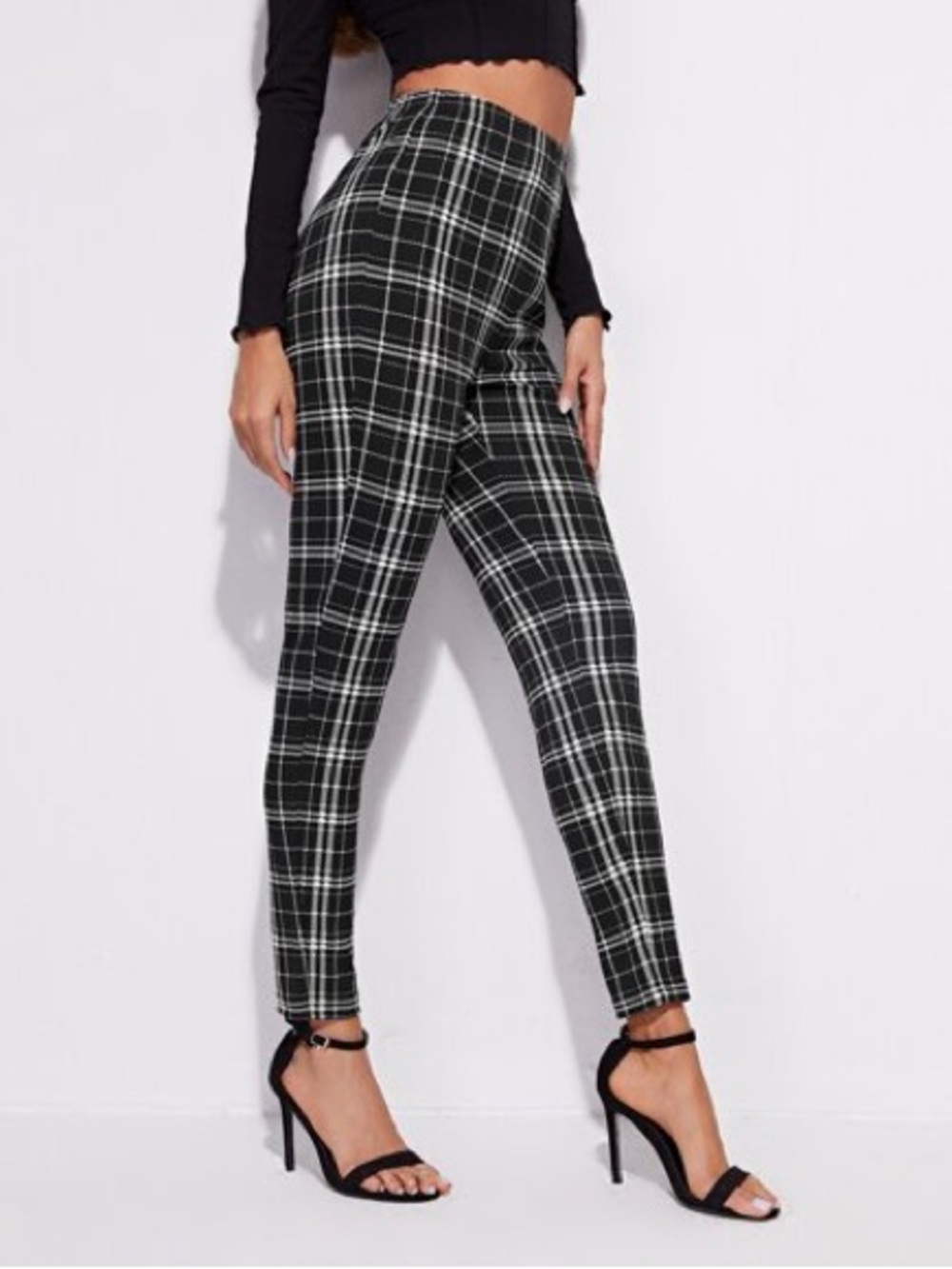 Black & White Plaid Tartan High Waisted Skinny Pants Leggings